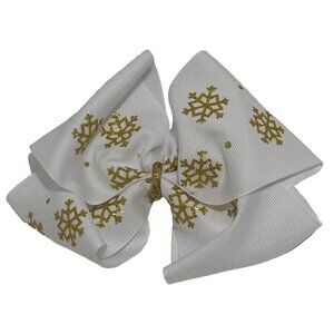 NEW Handmade Ribbon Hair Bow White Gold Snowflake Fabric Christmas Dress Clip 6"